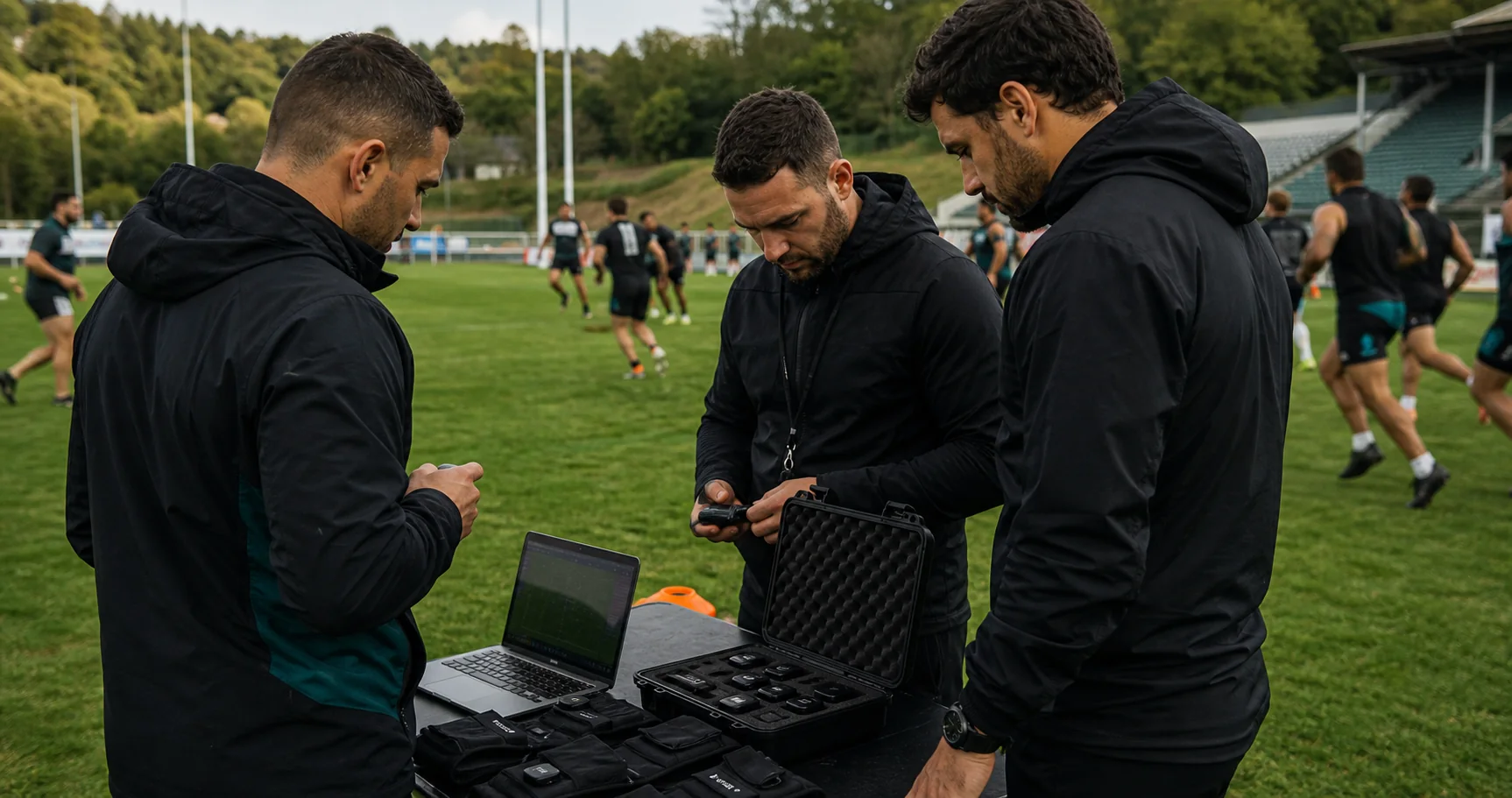 A club performance team evaluating several wearable units and GPS vests beside a football or rugby training pitch