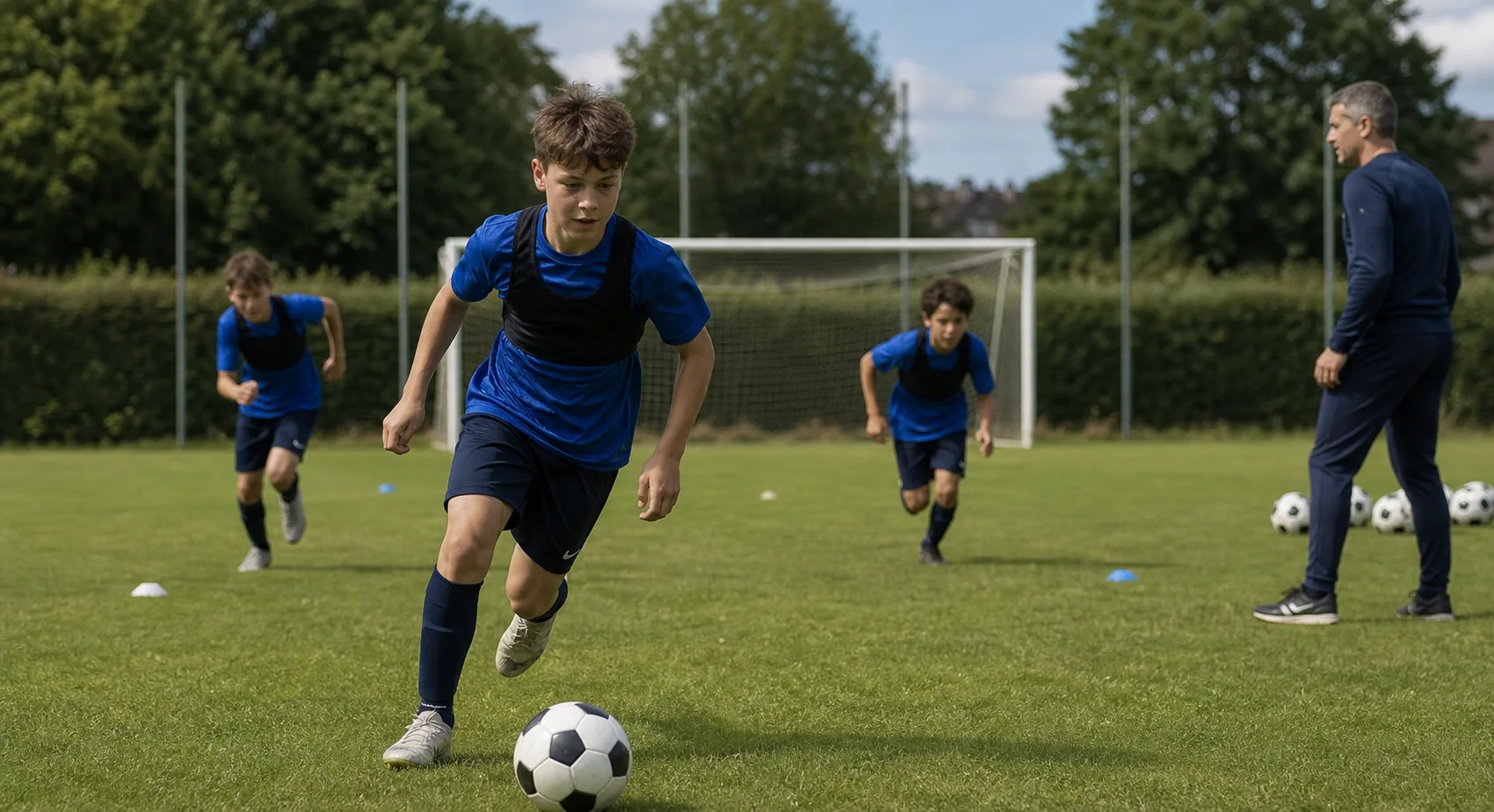 Youth grassroots football players wearing tracking vests during a drill on a grass pitch with a goal and coach clearly visible