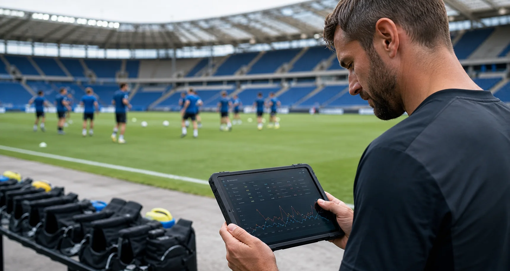 A team performance analyst logging a missed wearable reading while athletes train visibly on a pitch or track in the background