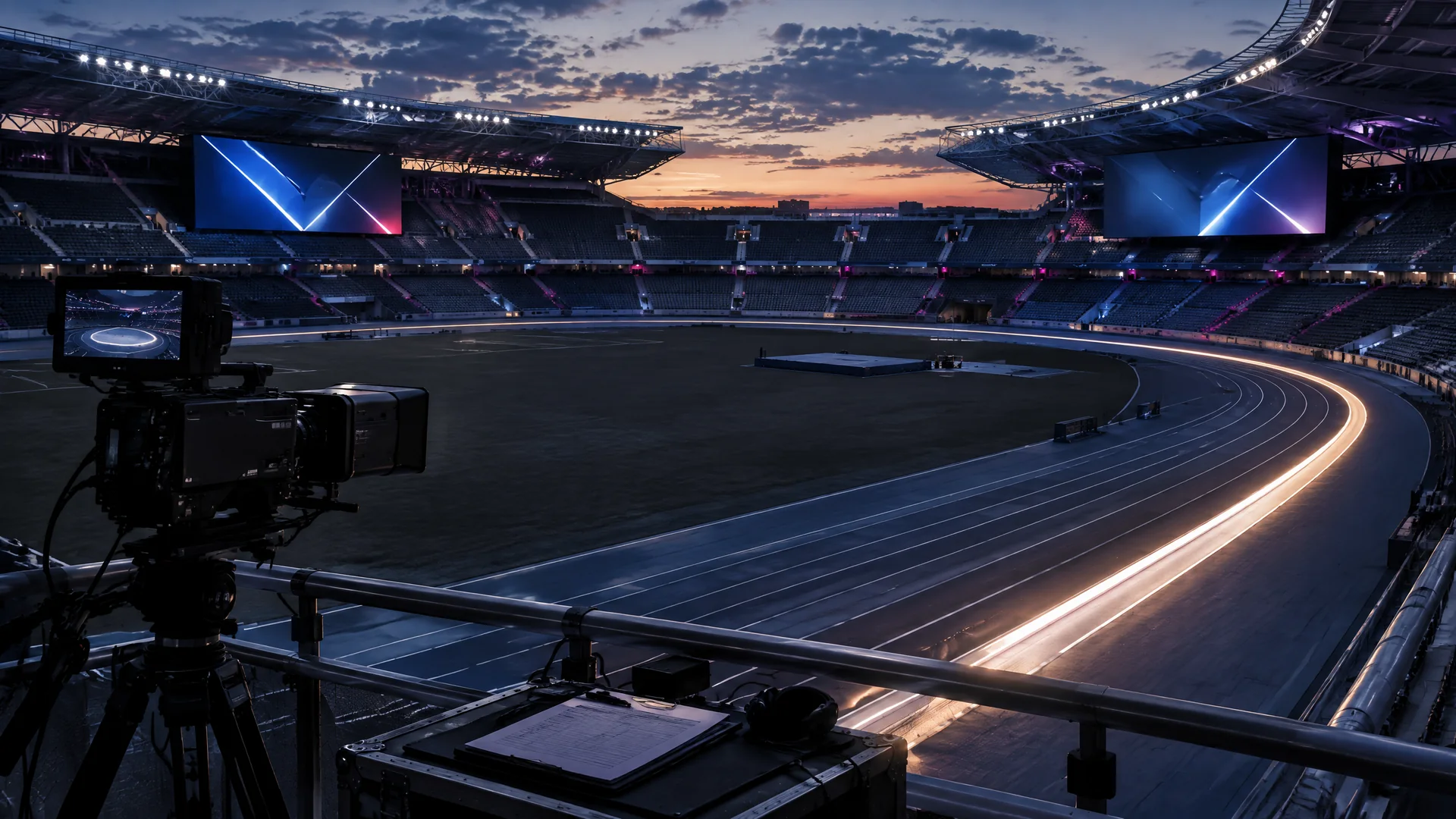 Conceptual athletics stadium with coordinated broadcast and in-bowl display lighting.